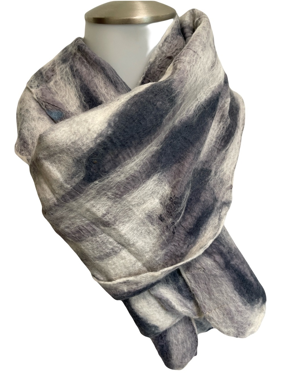 Nuno Felted Chiffon/Wool Cozy Felted Scarf in Gray and White